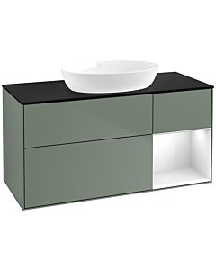Villeroy und Boch Finion Waschtischunterschrank FA72GFGM 120cm, Abdeckplatte black matt, Regale Glossy white lacquer, Olive Matt Lacquer