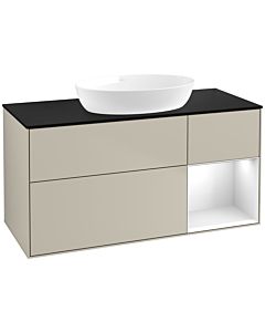 Villeroy und Boch Finion Villeroy und Boch FA72GFHH 120cm, plaque de recouvrement noir mat, étagères Laque blanche brillante, Sand Matt Lacquer