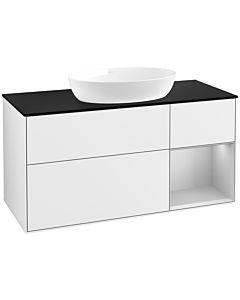 Villeroy und Boch Finion Waschtischunterschrank FA72GJGF 120cm, Abdeckplatte black matt, Regale Light grey matt lacquer, Glossy white lacquer
