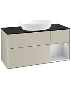 Villeroy und Boch Finion FA72GJHH 120cm, plaque de recouvrement noir mat, étagères laqué gris clair mat, Sand Matt Lacquer