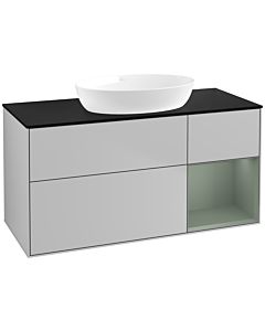 Villeroy und Boch Finion Waschtischunterschrank FA72GMGJ 120cm, Abdeckplatte black matt, Regale Olive matt lacquer, Light grey matt