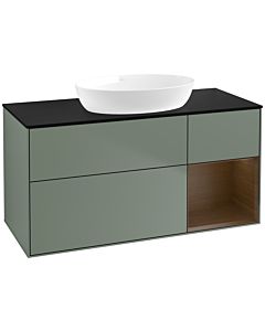 Villeroy und Boch Finion Waschtischunterschrank FA72GNGM 120cm, Abdeckplatte black matt, Regale Walnut Veneer, Olive Matt Lacquer