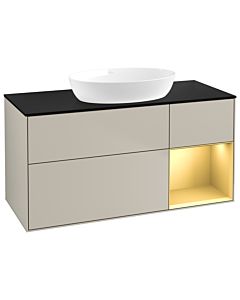 Villeroy und Boch Finion FA72HFHH 120cm, plaque de recouvrement noir mat, étagères laqué mat or, Sand Matt Lacquer