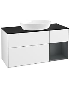 Villeroy und Boch Finion Villeroy und Boch FA72HGGF 120cm, plaque de recouvrement noir mat, étagères laqué mat minuit, laqué blanc brillant