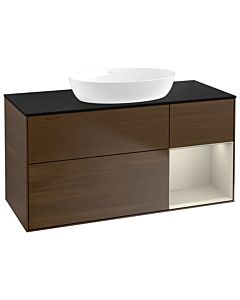 Villeroy und Boch Finion Waschtischunterschrank FA72HHGN 120cm, Abdeckplatte black matt, Regale sand matt lacquer, Walnut veneer