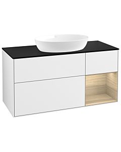 Villeroy und Boch Finion FA72PCGF 120cm, plaque de finition noire mate, étagères Oak Veneer , laqué blanc brillant