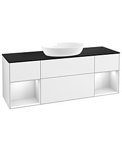Villeroy und Boch Finion Villeroy und Boch FD02MTGF 120cm, plaque de recouvrement noir mat, étagères laqué blanc mat, laqué blanc brillant