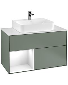 Villeroy und Boch Finion Waschtischunterschrank G111GFGM 100cm, Abdeckplatte white matt, Emotion, Regal links Glossy white lacquer, Olive Matt Lacquer