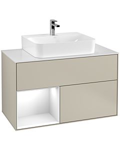 Villeroy und Boch Finion Waschtischunterschrank G111GFHH 100cm, Abdeckplatte white matt, Emotion, Regal links Glossy white lacquer, Sand Matt Lacquer