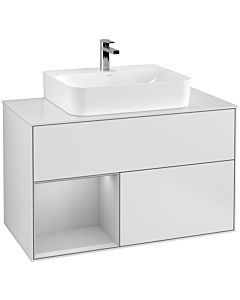 Villeroy und Boch Finion Villeroy und Boch G111GJMT 100cm, plaque de recouvrement blanc mat, Emotion, étagère gauche gris clair mat, laqué blanc mat