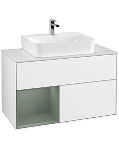 Villeroy und Boch Finion Villeroy und Boch G111GMGF 100cm, plaque de finition blanc mat, émotion, étagère à gauche Olive Matt Lacquer , laqué blanc brillant