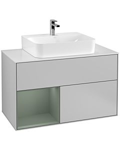 Villeroy und Boch Finion Waschtischunterschrank G111GMGJ 100cm, Abdeckplatte white matt, Emotion, Regal links Olive Matt Lacquer, Light grey matt