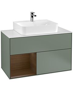 Villeroy und Boch Finion Waschtischunterschrank G111GNGM 100cm, Abdeckplatte white matt, Emotion, Regal links Walnut veneer, Olive Matt Lacquer