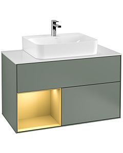 Villeroy und Boch Finion Waschtischunterschrank G111HFGM 100cm, Abdeckplatte white matt, Emotion, Regal links Gold matt, Olive Matt Lacquer