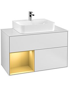 Villeroy und Boch Finion Waschtischunterschrank G111HFMT 100cm, Abdeckplatte white matt, Emotion, Regal links Gold matt, White matt lacquer