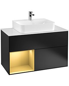 Villeroy und Boch Finion Villeroy und Boch G111HFPD 100cm, plaque de recouvrement blanc mat, Emotion, étagère gauche or mat, laqué noir mat