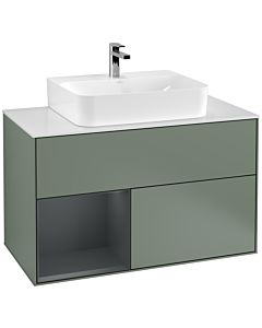 Villeroy und Boch Finion Waschtischunterschrank G111HGGM 100cm, Abdeckplatte white matt, Emotion, Regal links Midnight Blue Matt Lacquer, Olive Matt Lacquer