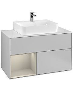 Villeroy und Boch Finion Villeroy und Boch G111HHGJ 100cm, plaque de finition blanc mat, Emotion, étagère à gauche Sand Matt Lacquer , gris clair mat