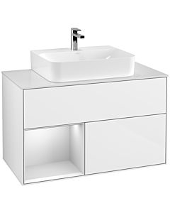 Villeroy und Boch Finion Villeroy und Boch G111MTGF 100cm, plaque de finition blanc mat, Emotion, étagère gauche laqué blanc mat, laqué blanc brillant