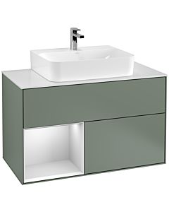 Villeroy und Boch Finion Waschtischunterschrank G111MTGM 100cm, Abdeckplatte white matt, Emotion, Regal links White matt lacquer, Olive Matt Lacquer