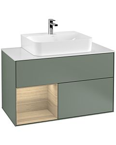 Villeroy und Boch Finion Waschtischunterschrank G111PCGM 100cm, Abdeckplatte white matt, Emotion, Regal links Oak Veneer, Olive Matt Lacquer