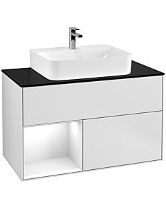 Villeroy und Boch Finion Villeroy und Boch G112GFMT 100cm, plaque de finition noir mat, Emotion, étagère gauche laqué blanc brillant, laqué blanc mat