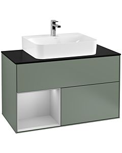 Villeroy und Boch Finion Waschtischunterschrank G112GJGM 100cm, Abdeckplatte black matt, Emotion, Regal links Light grey matt, Olive Matt Lacquer