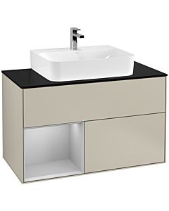 Villeroy und Boch Finion Waschtischunterschrank G112GJHH 100cm, Abdeckplatte black matt, Emotion, Regal links Light grey matt, Sand Matt Lacquer