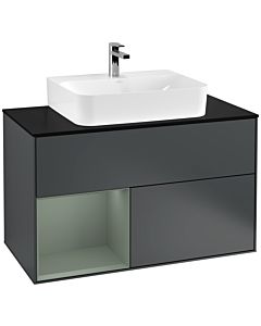 Villeroy und Boch Finion Waschtischunterschrank G112GMHG 100cm, Abdeckplatte black matt, Emotion, Regal links Olive Matt Lacquer, Midnight Blue Matt Lacquer