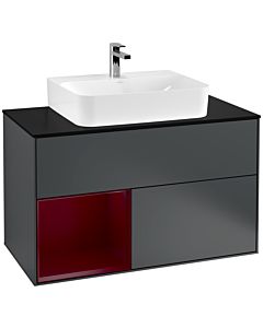 Villeroy und Boch Finion Waschtischunterschrank G112HBHG 100cm, Abdeckplatte black matt, Emotion, Regal links Peony, Midnight Blue Matt Lacquer