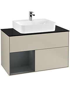 Villeroy und Boch Finion Waschtischunterschrank G112HGHH 100cm, Abdeckplatte black matt, Emotion, Regal links Midnight Blue Matt Lacquer, Sand Matt Lacquer