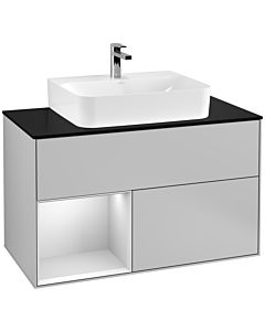 Villeroy und Boch Finion Waschtischunterschrank G112MTGJ 100cm, Abdeckplatte black matt, Emotion, Regal links White matt lacquer, Light grey matt