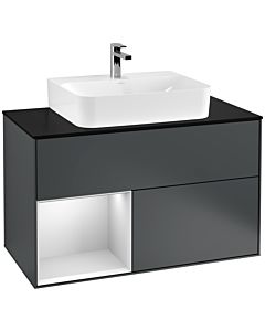 Villeroy und Boch Finion Waschtischunterschrank G112MTHG 100cm, Abdeckplatte black matt, Emotion, Regal links White matt lacquer, Midnight Blue Matt Lacquer
