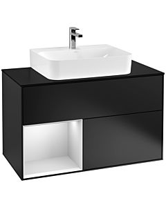 Villeroy und Boch Finion Waschtischunterschrank G112MTPD 100cm, Abdeckplatte black matt, Emotion, Regal links White matt lacquer, Black matt lacquer