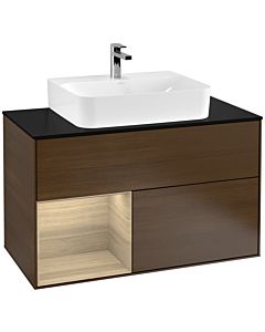 Villeroy und Boch Finion Waschtischunterschrank G112PCGN 100cm, Abdeckplatte black matt, Emotion, Regal links Oak Veneer, Walnut veneer
