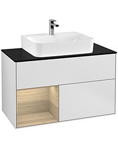 Villeroy und Boch Finion Waschtischunterschrank G112PCMT 100cm, Abdeckplatte black matt, Emotion, Regal links Oak Veneer, White matt lacquer