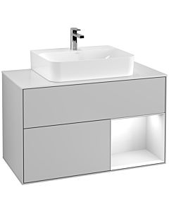 Villeroy und Boch Finion Waschtischunterschrank G121GFGJ 100cm, Abdeckplatte white matt, Emotion, Regal rechts Glossy white lacquer, Light grey matt