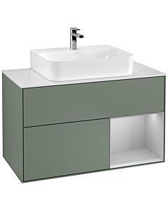 Villeroy und Boch Finion Villeroy und Boch G121GJGM 100cm, plaque de finition blanc mat, Emotion, étagère à droite gris clair mat, Olive Matt Lacquer