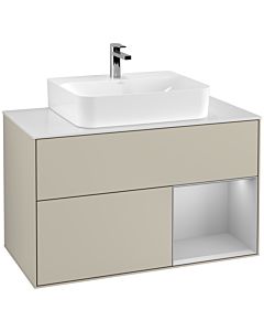 Villeroy und Boch Finion Waschtischunterschrank G121GJHH 100cm, Abdeckplatte white matt, Emotion, Regal rechts Light grey matt, Sand Matt Lacquer