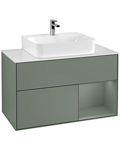 Villeroy und Boch Finion Waschtischunterschrank G121GMGM 100cm, Abdeckplatte white matt, Emotion, Regal rechts Olive Matt Lacquer, Olive Matt Lacquer