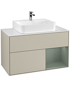 Villeroy und Boch Finion Waschtischunterschrank G121GMHH 100cm, Abdeckplatte white matt, Emotion, Regal rechts Olive Matt Lacquer, Sand Matt Lacquer