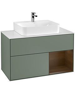 Villeroy und Boch Finion Villeroy und Boch G121GNGM 100cm, plaque de finition blanc mat, émotion, étagère à droite placage noyer, Olive Matt Lacquer