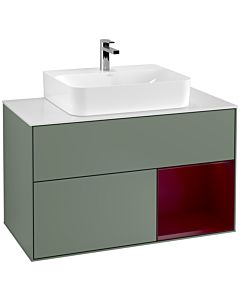 Villeroy und Boch Finion Waschtischunterschrank G121HBGM 100cm, Abdeckplatte white matt, Emotion, Regal rechts Peony, Olive Matt Lacquer