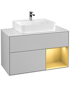 Villeroy und Boch Finion Waschtischunterschrank G121HFGJ 100cm, Abdeckplatte white matt, Emotion, Regal rechts Gold matt, Light grey matt