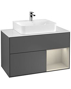 Villeroy und Boch Finion Waschtischunterschrank G121HHGK 100cm, Abdeckplatte white matt, Emotion, Regal rechts Sand Matt, Anthracite matt