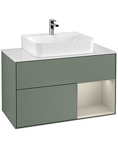 Villeroy und Boch Finion Waschtischunterschrank G121HHGM 100cm, Abdeckplatte white matt, Emotion, Regal rechts Sand Matt, Olive Matt Lacquer
