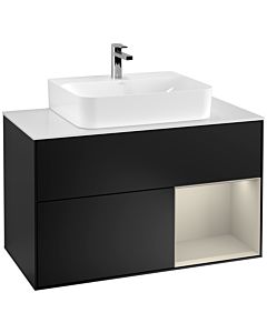 Villeroy und Boch Finion Villeroy und Boch G121HHPD 100cm, plaque de finition blanc mat, Emotion, étagère à droite Sand mat, laqué noir mat