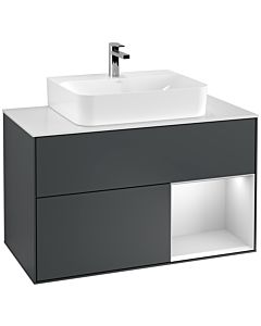 Villeroy und Boch Finion Villeroy und Boch G121MTHG 100cm, plaque de recouvrement blanc mat, Emotion, étagère à droite laqué blanc mat, Midnight Blue Matt Lacquer