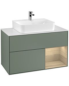 Villeroy und Boch Finion Waschtischunterschrank G121PCGM 100cm, Abdeckplatte white matt, Emotion, Regal rechts Oak Veneer, Olive Matt Lacquer
