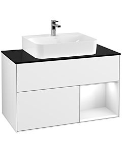 Villeroy und Boch Finion Waschtischunterschrank G122GFGF 100cm, Abdeckplatte black matt, Emotion, Regal rechts Glossy white lacquer, Glossy white lacquer